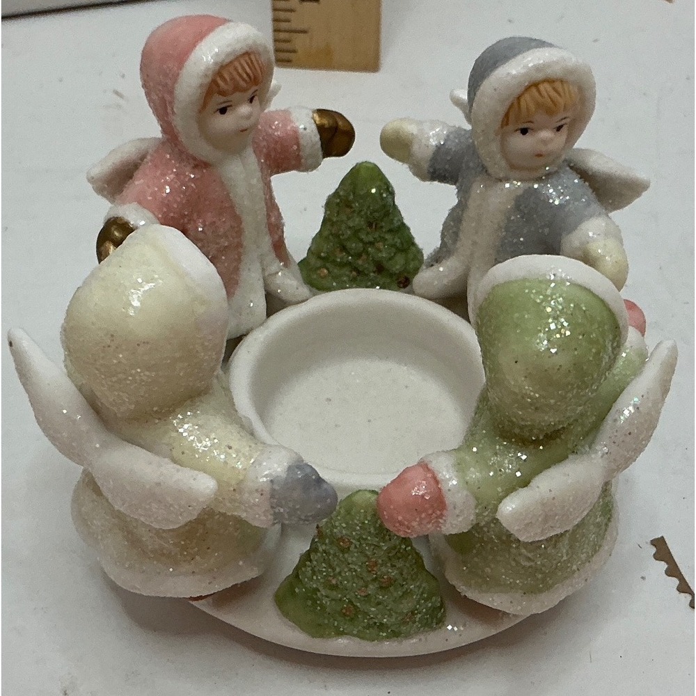 Ceramic Angel Winter Candle Holder Glitter‎ Pastel Holiday Decor 4in